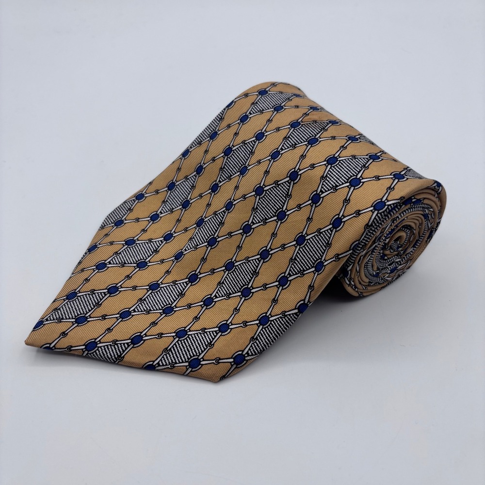 Vintage Givenchy Monsieur Silk Tie Gold Blue Geometric Lattice Chain Luxury USA